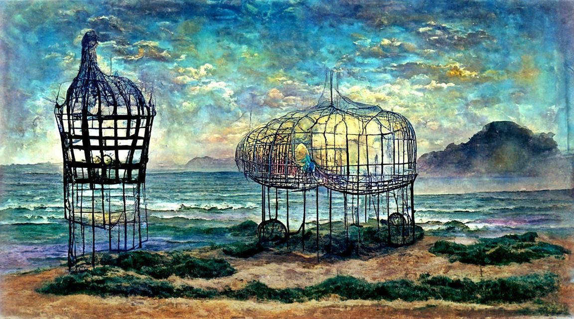 Surreal Birdcage Ocean Dreamscape at Twilight