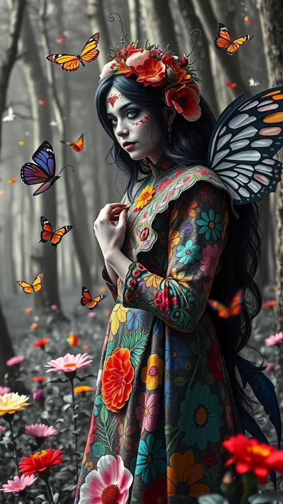 Day of the Dead Woman in Surreal Flower Dreamscape