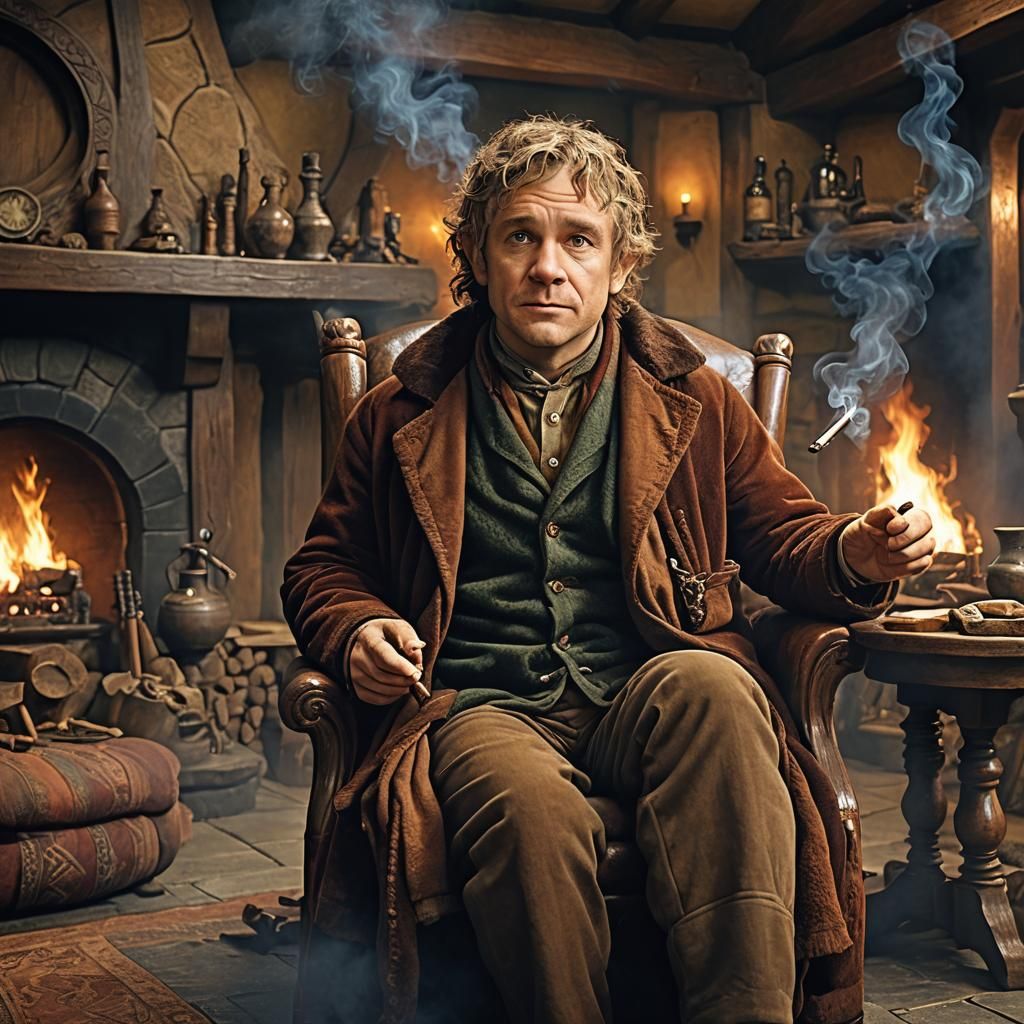 Bilbo Baggins in Cozy Hobbit Hole, Digital Art