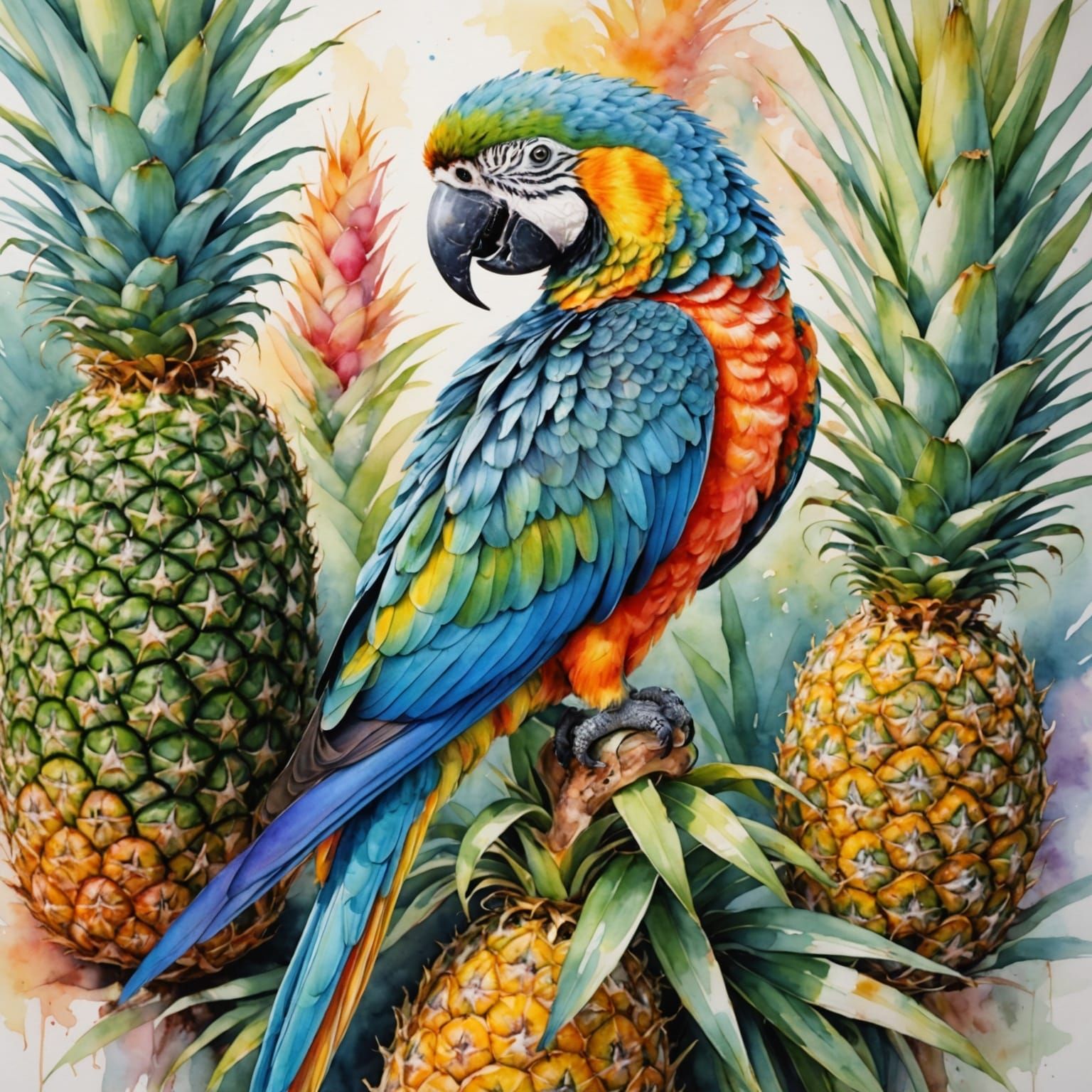 Parrot on Pineapple in Watercolour Style