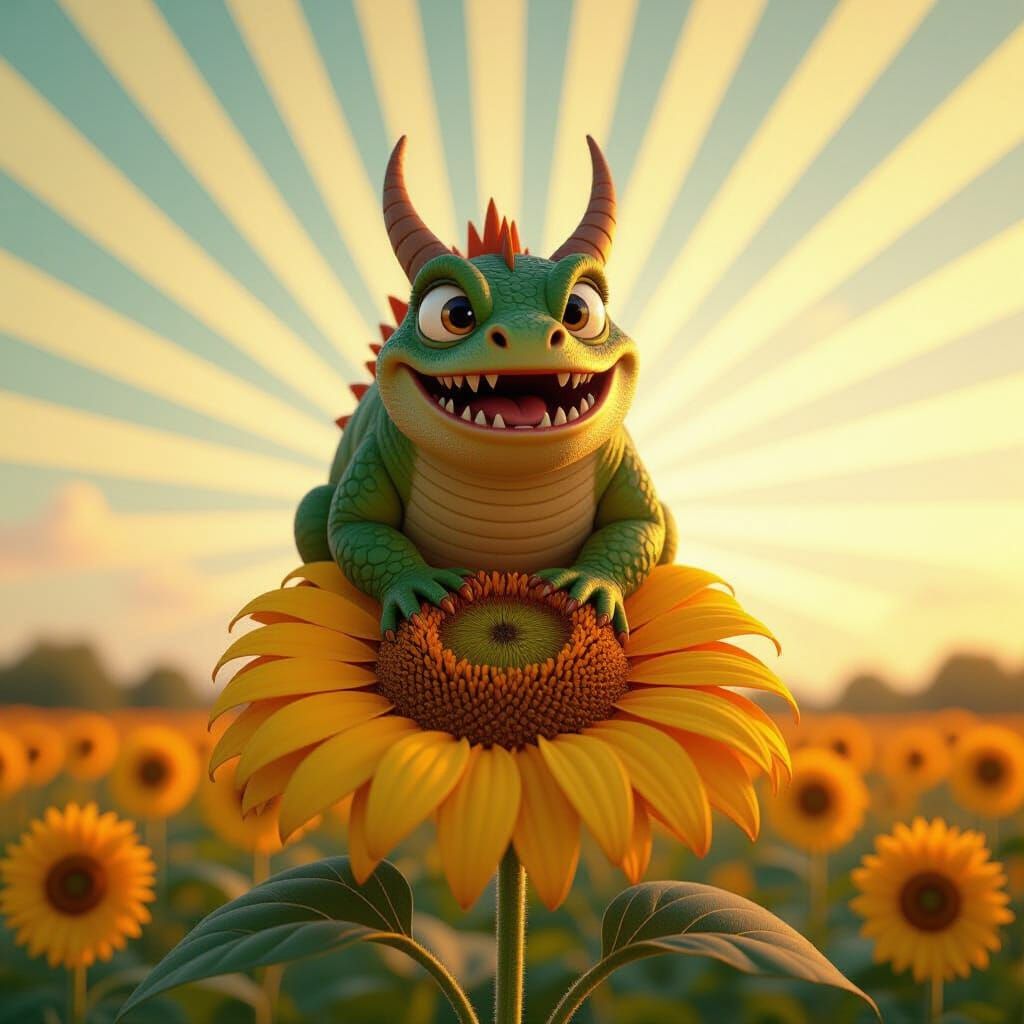 Menacing Wasp on Sunflower in Pixar Animation Style