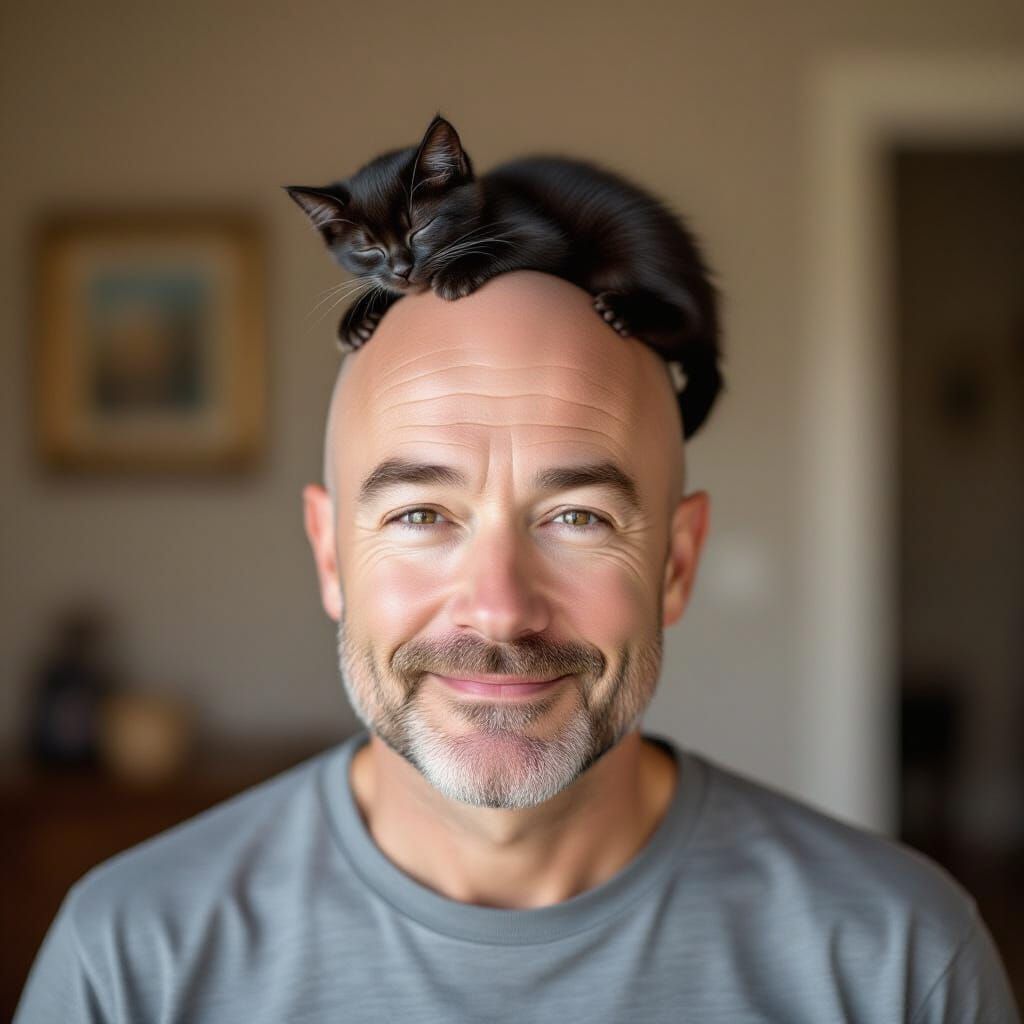 Man Balances Sleeping Kitten on Head in Realistic Portrait