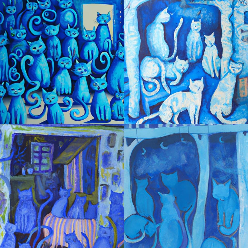 Blue Room with Blue Cats: Gouache Painting