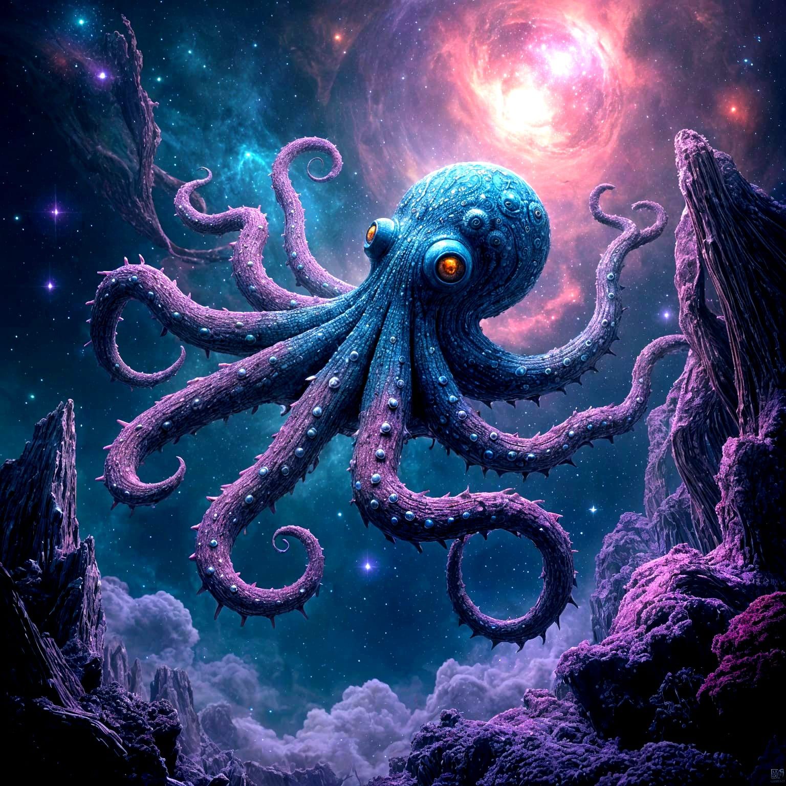 Bioluminescent Space Octopus in Vibrant Nebula