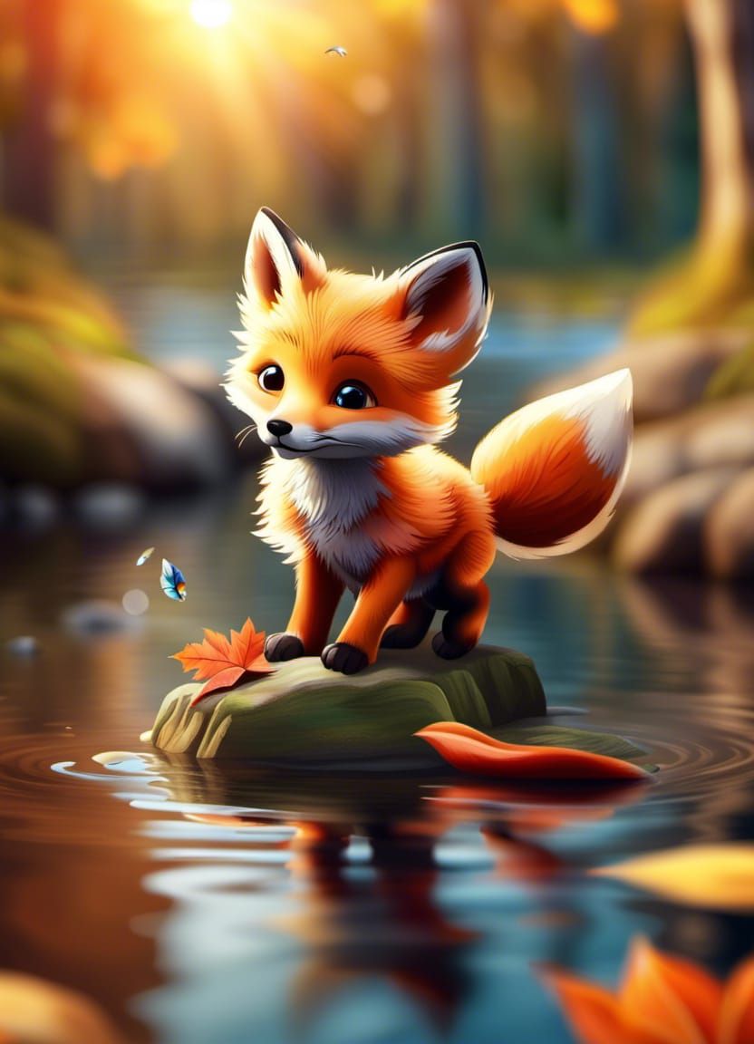 Cartoon Baby Fox Playing by Forest River
