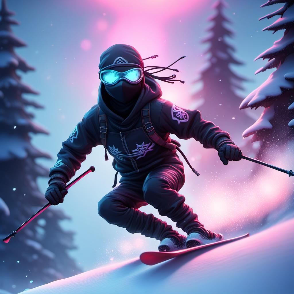 Big eyed cute  ninja skiing down hill in snow blizzard   , c...