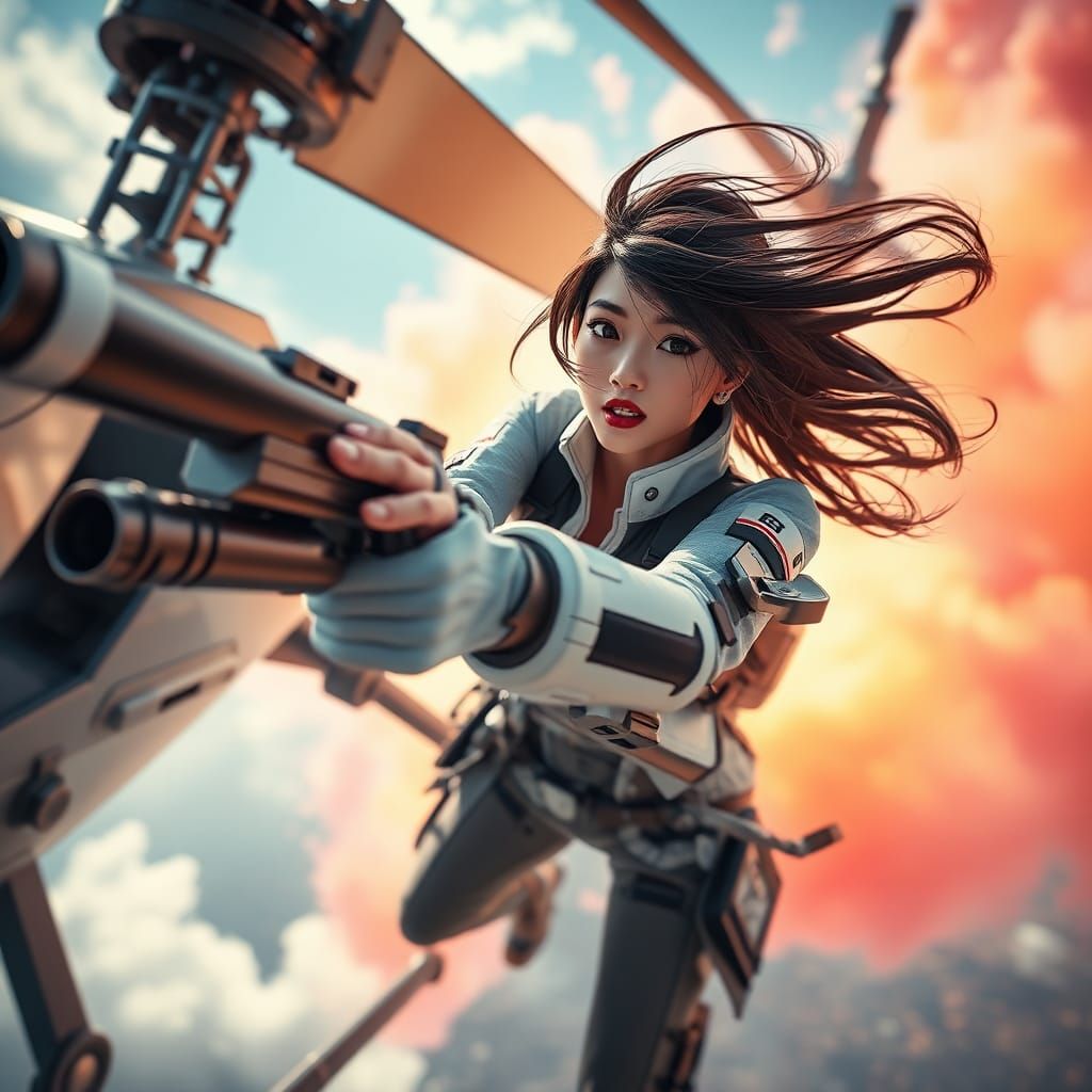 Asian Woman Fires Gun from Futuristic Helicopter