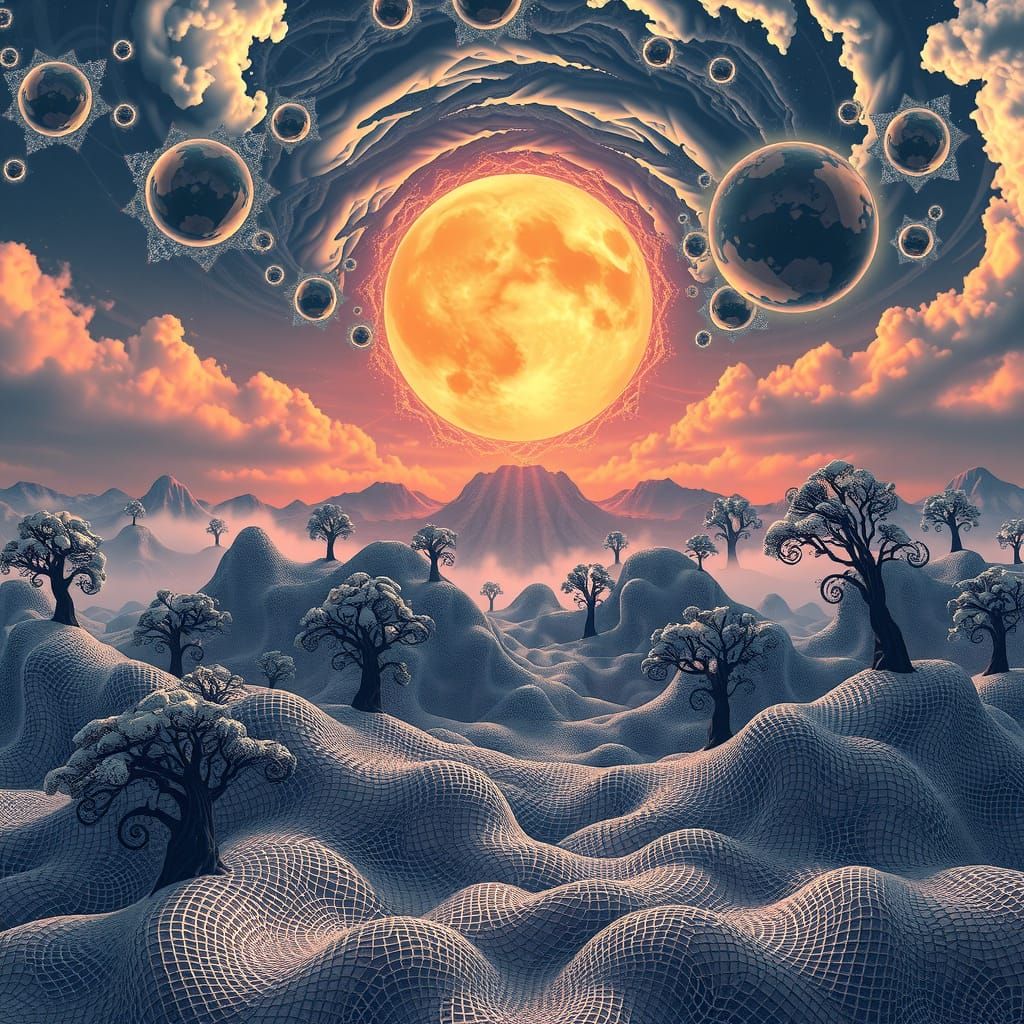 Dreamlike Fractal Landscape with Crystalline Net and Swirlin...