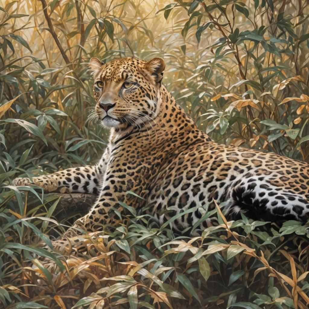 Leopard Hiding in Foliage with Golden Light