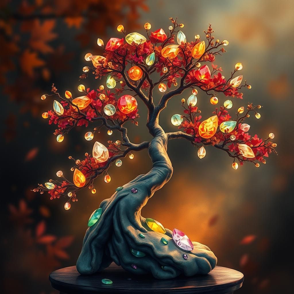 Gemstone Bonsai Tree in Watercolor Style