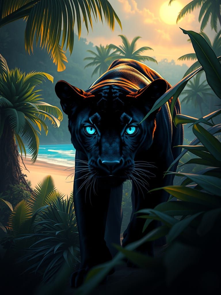 Landscape, beach, summer, jungle, Panther, glowing blue eyes...