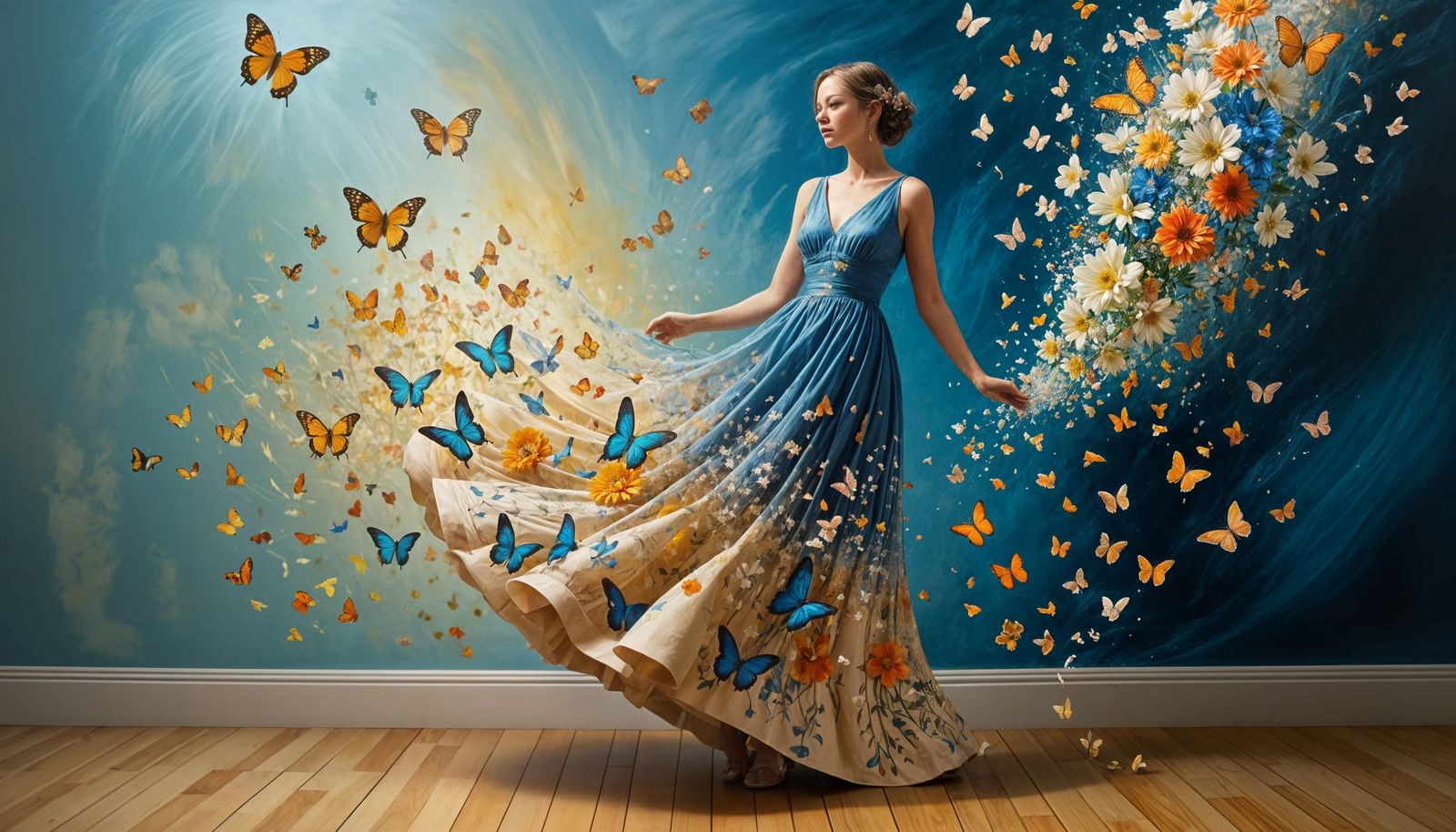 Young Woman in Vibrant Floral Wonderland