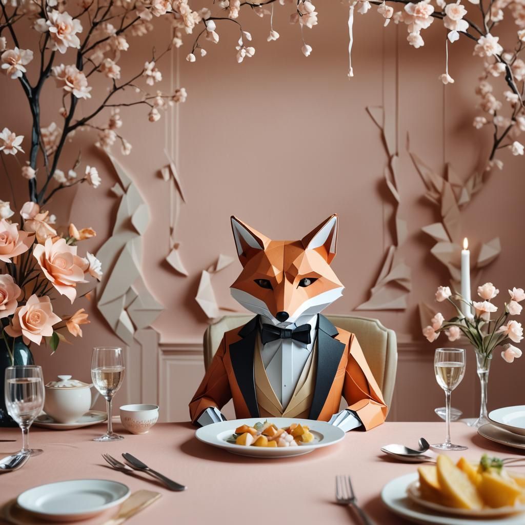 Fox in Tuxedo at Dinner Party in Origami Style