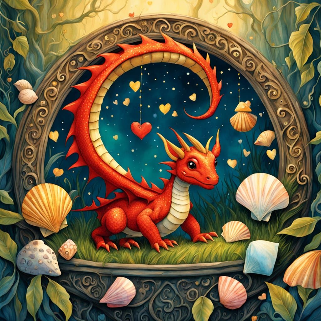 Whimsical Red Dragon Guards Treasure Trove