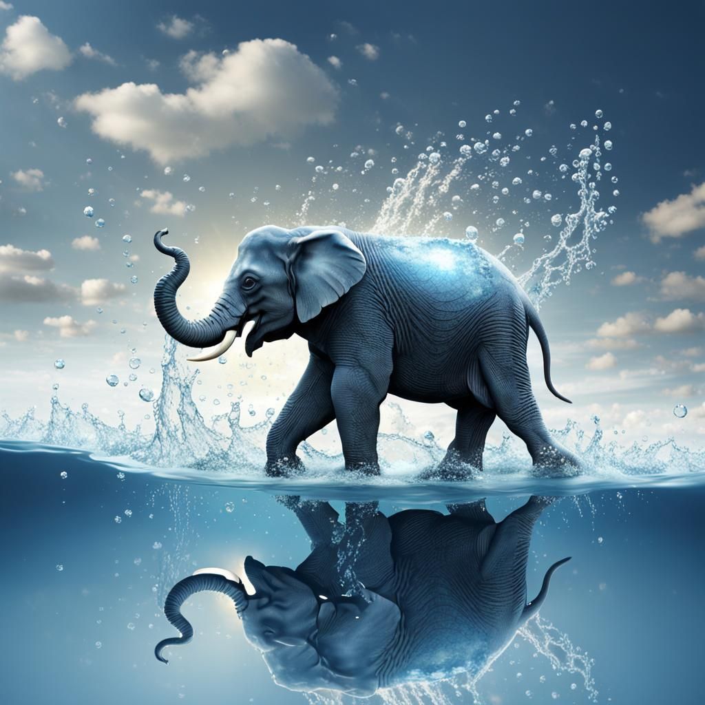 Crystal Elephant Splashing Water in Heaven