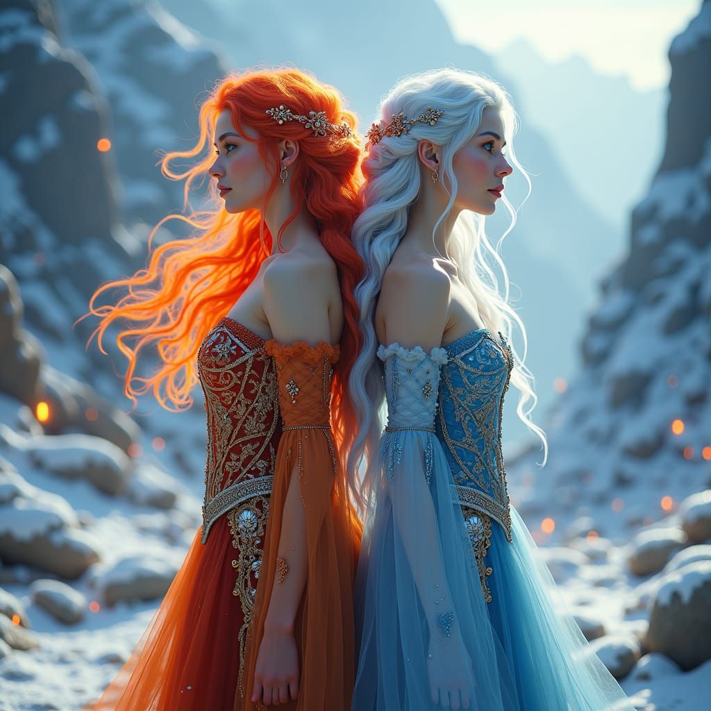 Fire Queen and Snow Princess Fantasy Art
