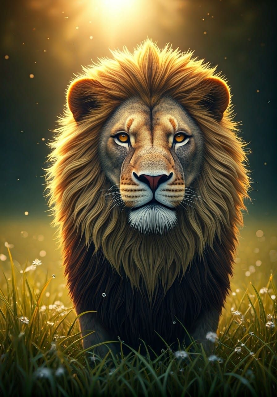 Hyperrealistic Dandelion Lion Sculpture in Morning Dew