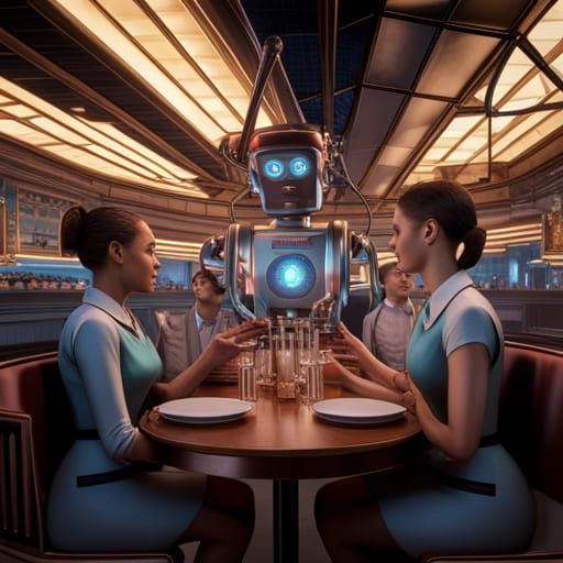 Futuristic Restaurant with Robot Staff in 8K 3D