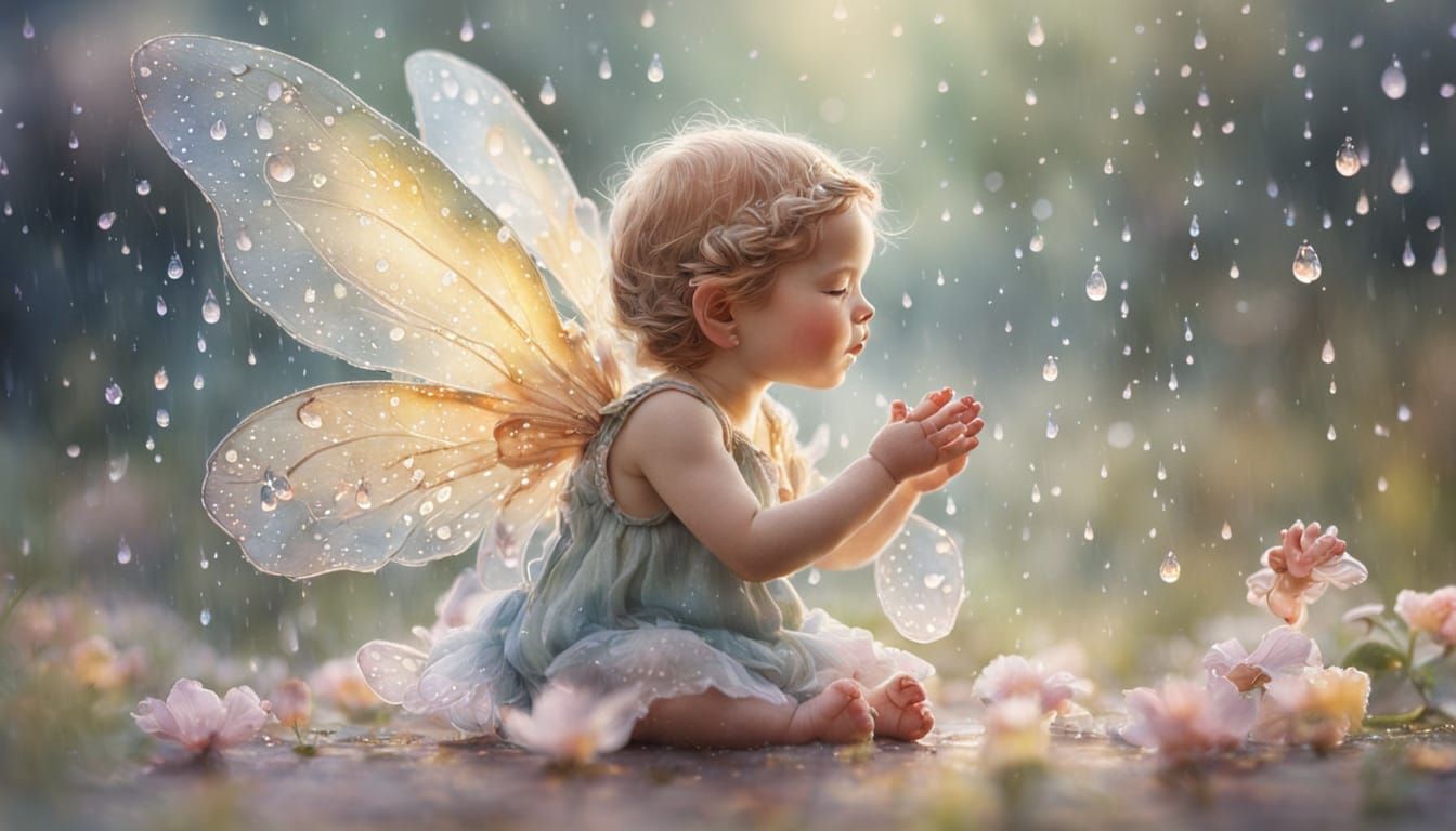 Watercolor Baby Fairy Catching Raindrops
