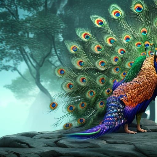 Peacock Tiger Hybrid on Throne: Fantasy Concept Art