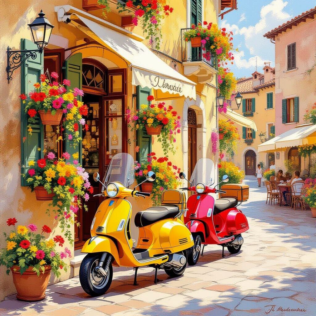 Italian Cafe Scene in Impressionist Art Deco Style