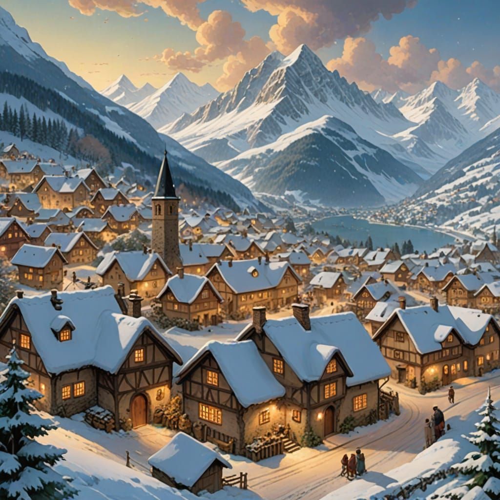 Enchanting Swiss Village with Airship in Fantasy Art Style