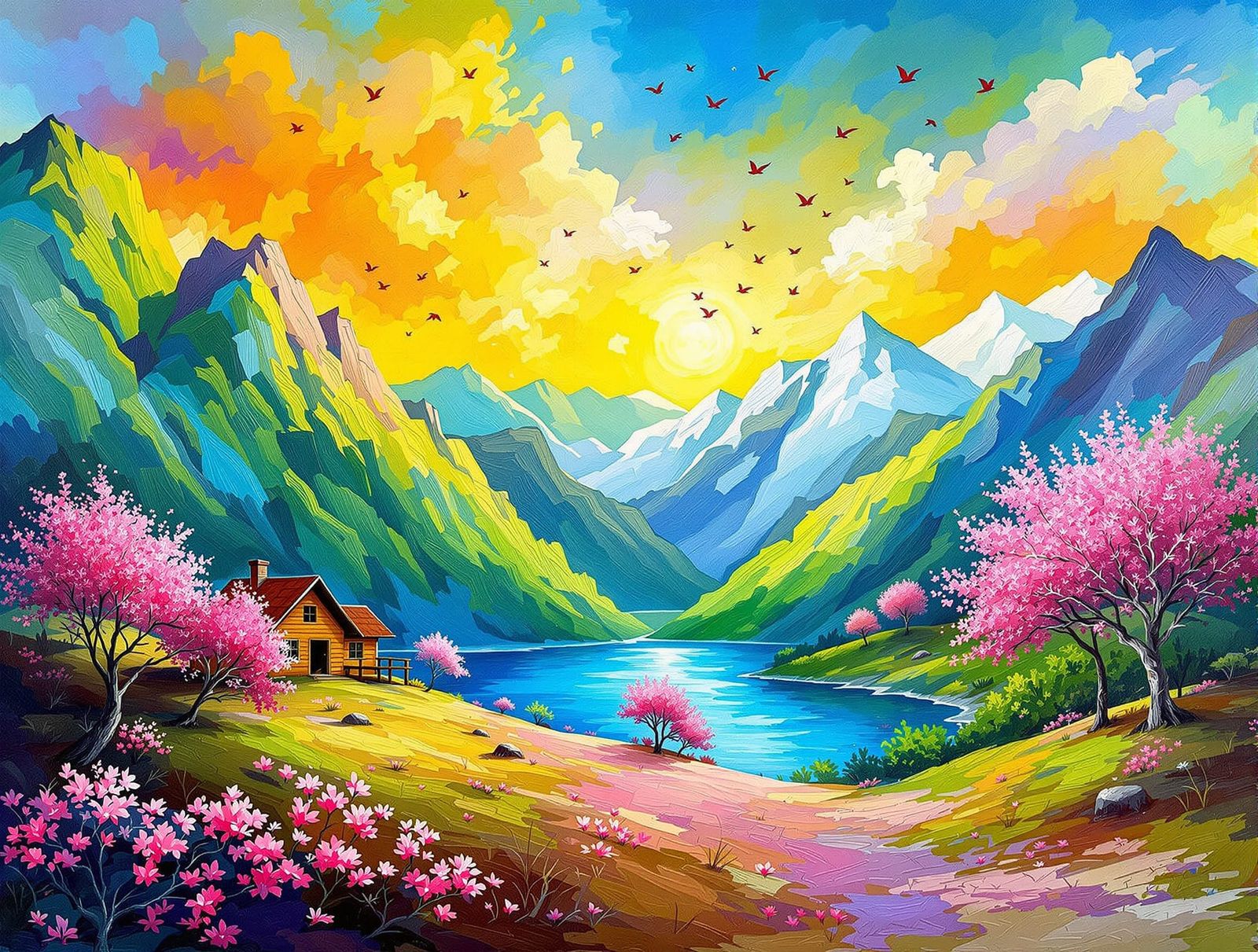 Vivid Autumn Winter Cabin Scene with Golden Sunset