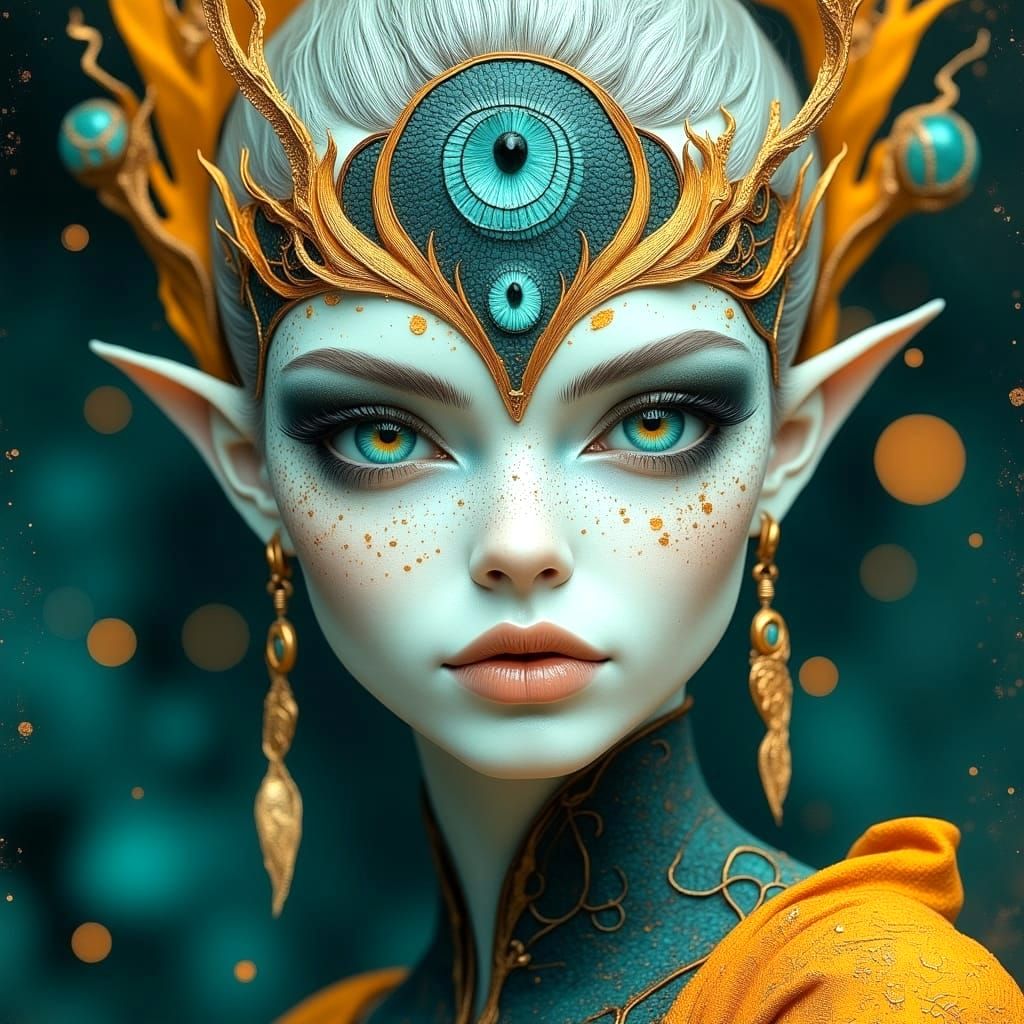 Ethereal Fantasy Goddess with Turquoise Lips and Emerald Eye...