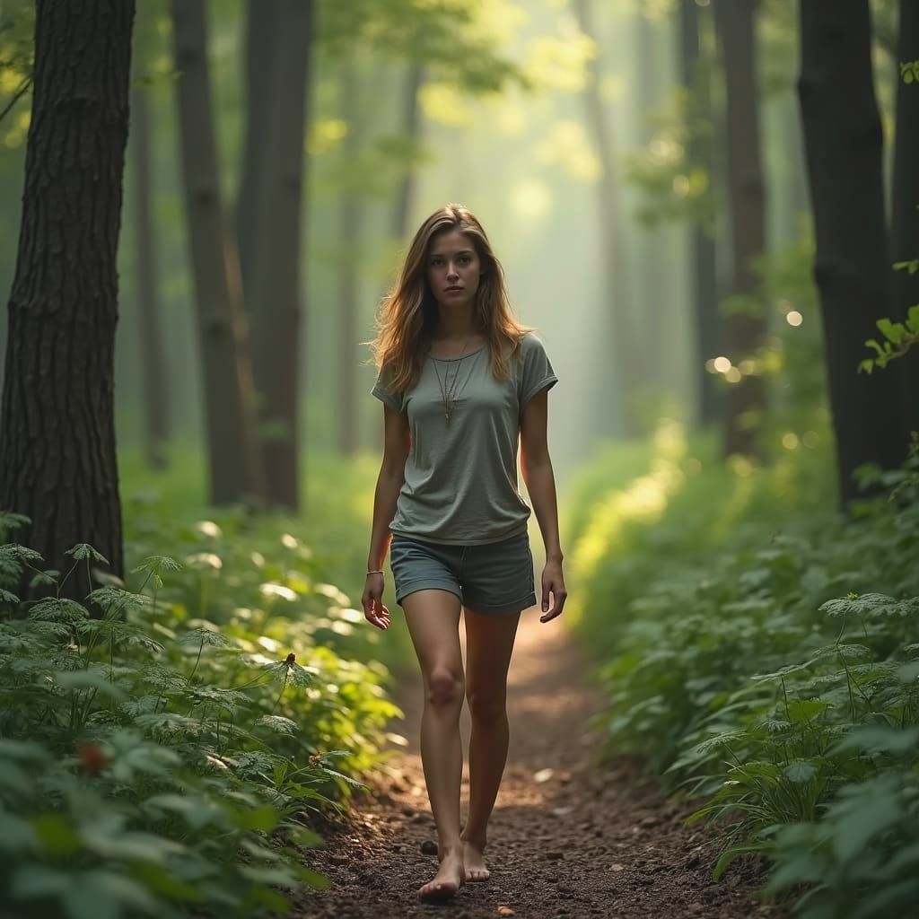 Young Woman Walks Through Forest Towards Camera