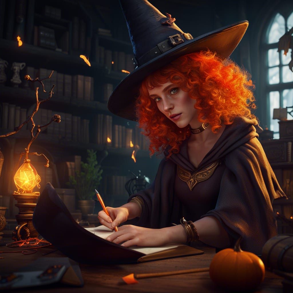 Orange Haired Girl in Witch Hat: Fantasy Art