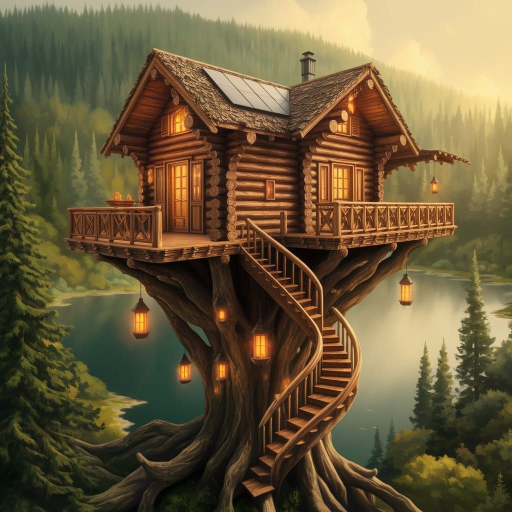 Cozy Cabin Perched Among Ancient Trees Overlooks Tranquil Fo...