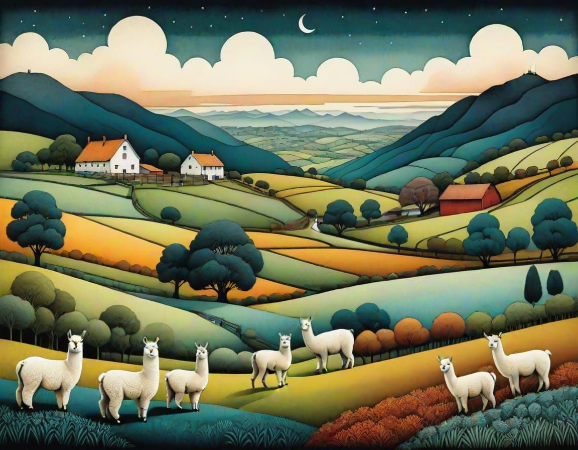 Detailed Pen and Ink Alpaca Farm Landscape