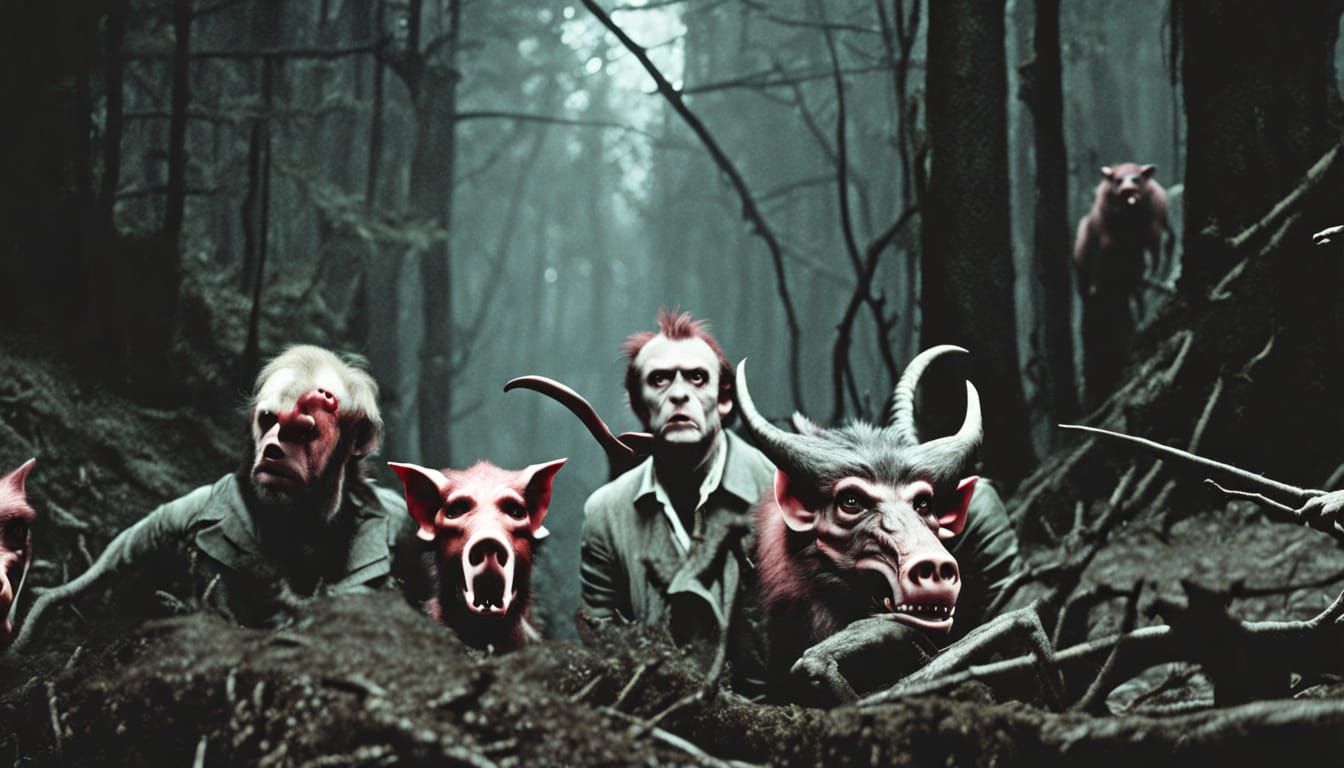 Monkeys and Pigs in Dark Forest Horror Art
