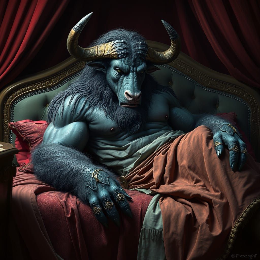 Powerful Minotaur in Velvet-Draped Opulence