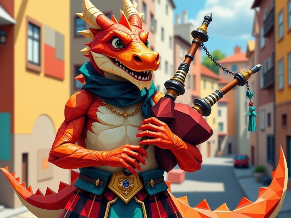 Pixar-Style Bearded Dragon Plays Bagpipes in Vibrant Scottis...
