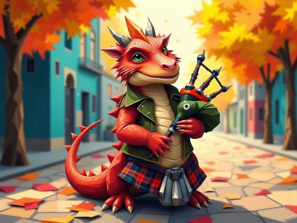Charming Bearded Dragon Piper in Vibrant Scottish Attire