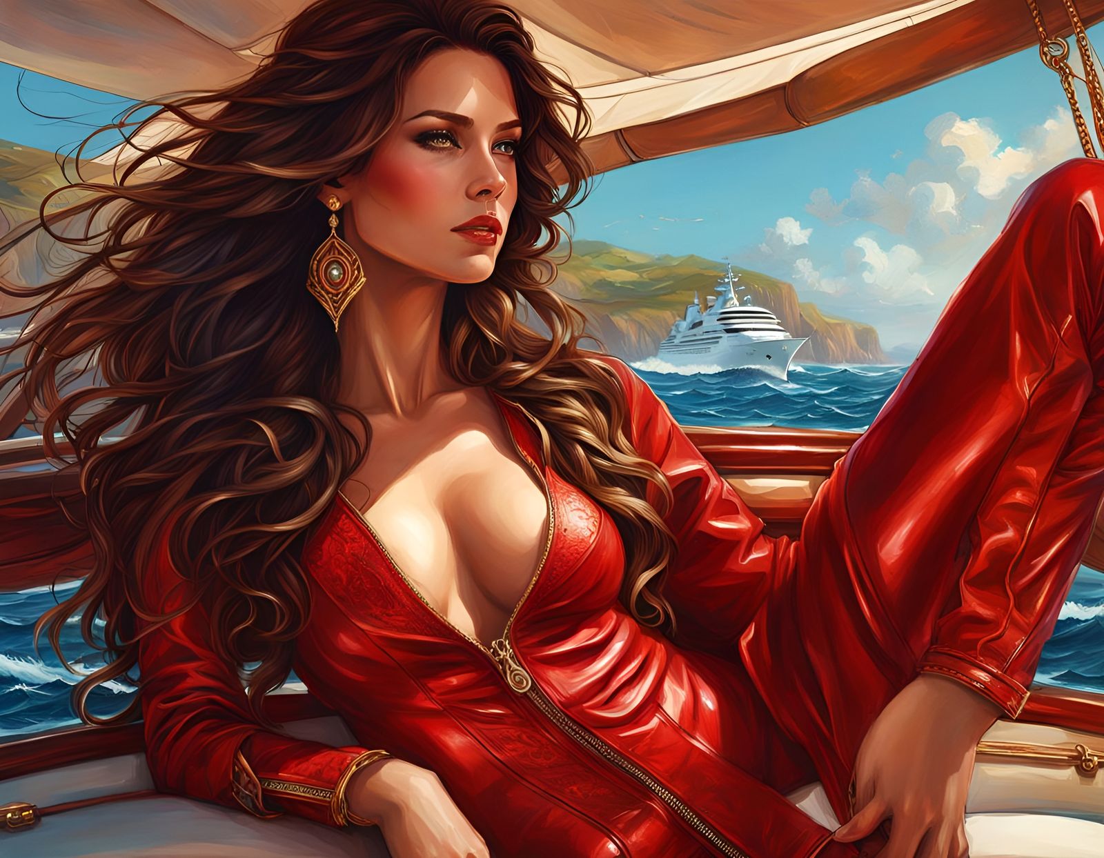 Brunette in Red Jumpsuit on Yacht, Concept Art