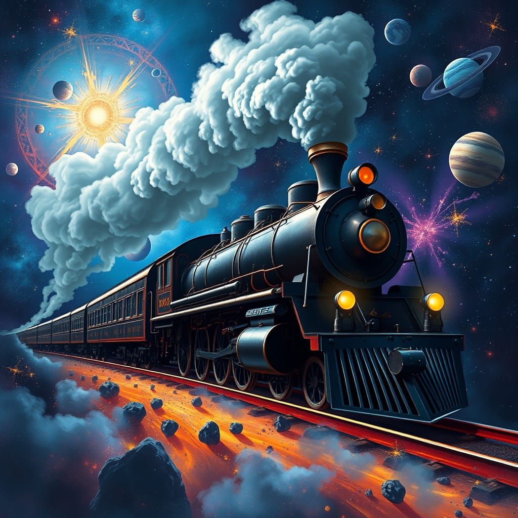 Vintage Steam Train Soaring Through Cosmic Nebula
