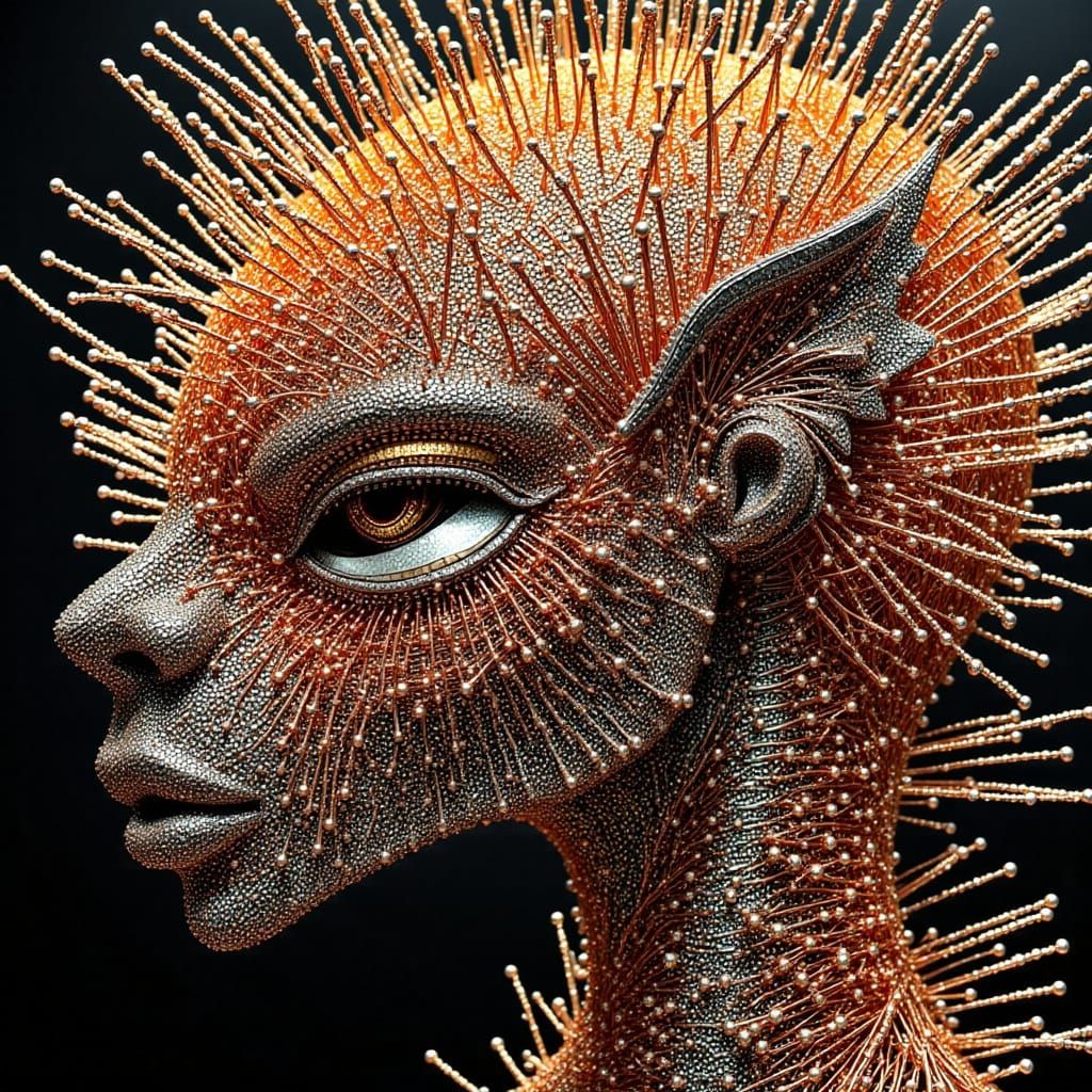 Intricate Surreal Bird-Floral Mask in Sunset Light