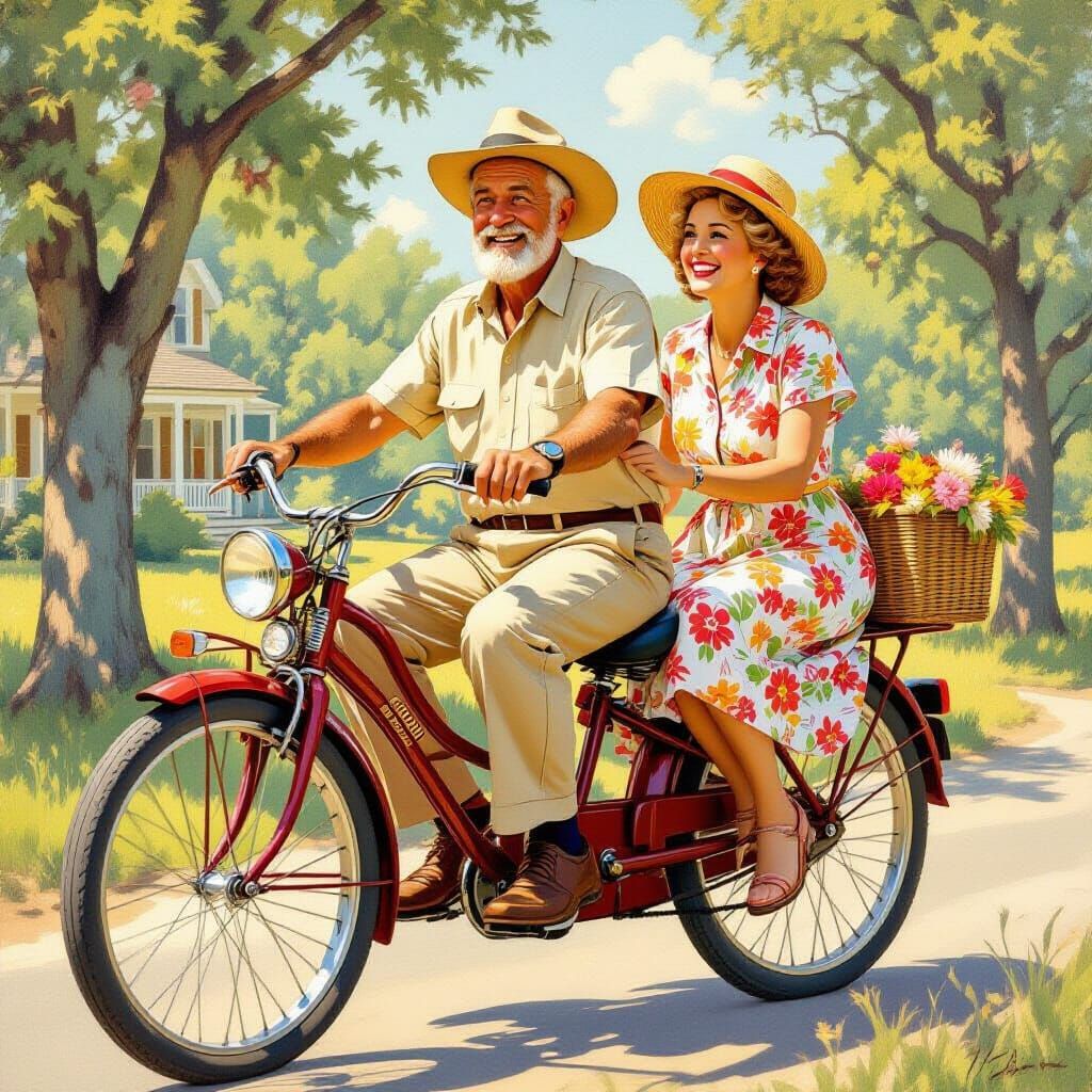Joyful Grandparents Ride Vintage Bicycle