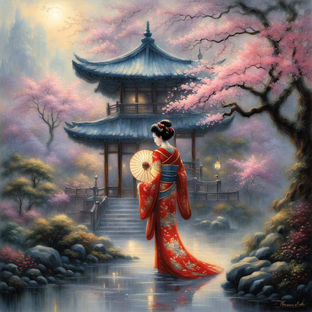 Ethereal Geisha in a Hyperdetailed Fantasy Landscape