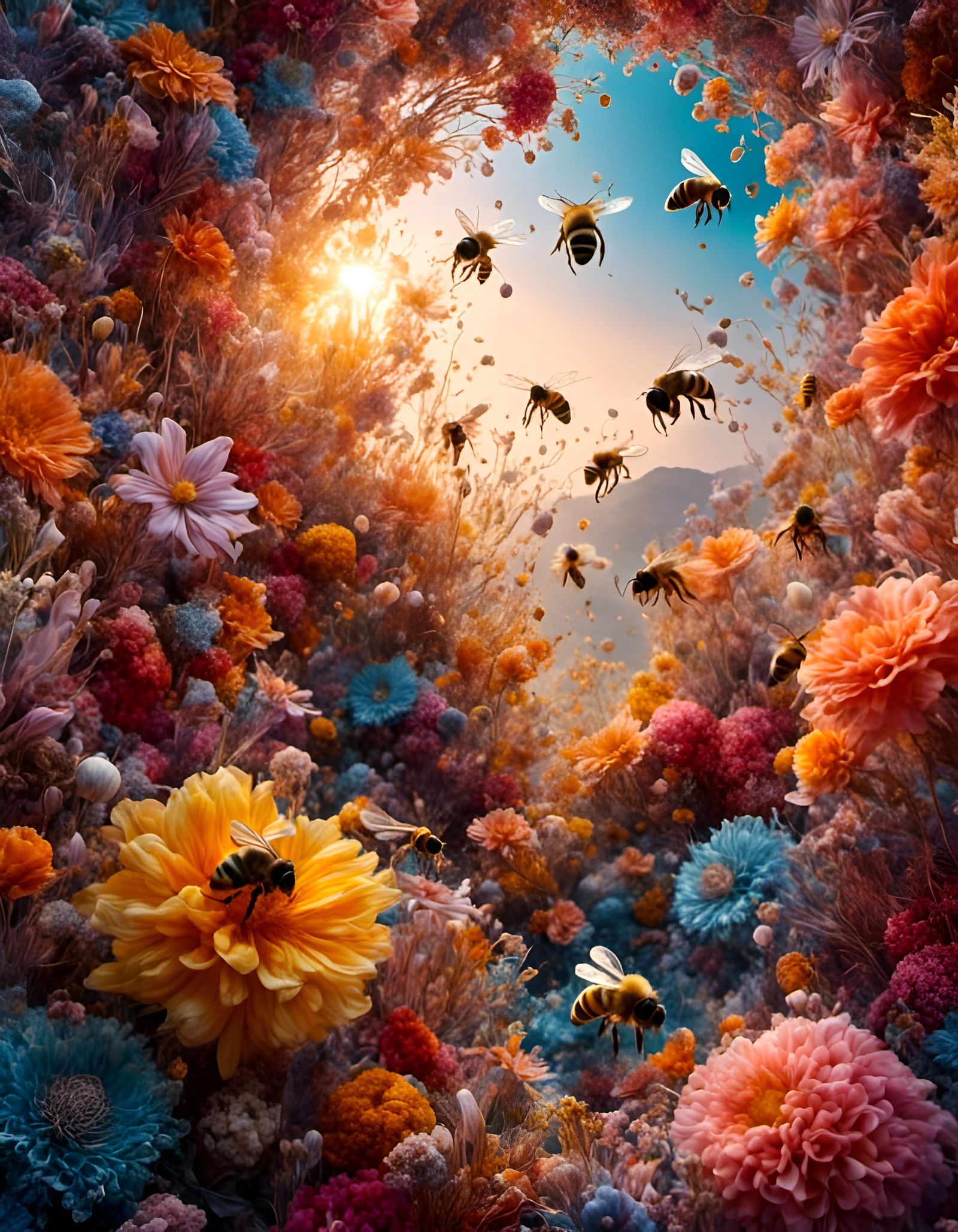 Bees Fertilizing Flowers at Sunrise in Hyperreal Style