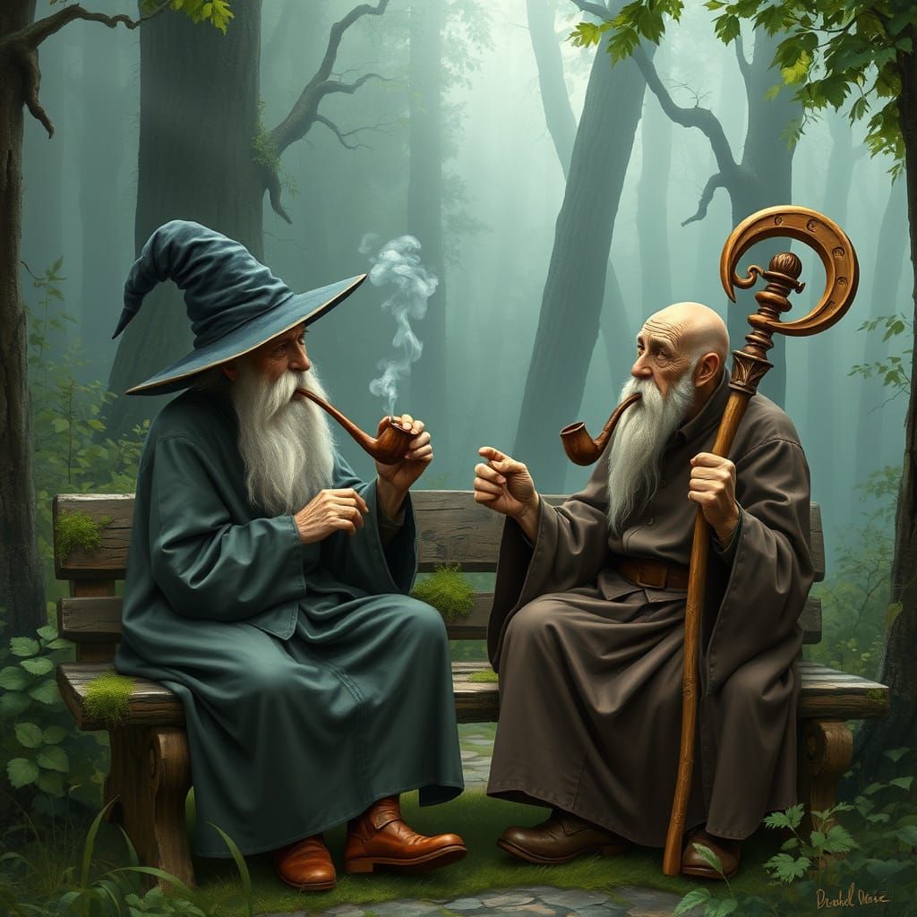 Two Wizards Smoking Pipes in Misty Forest