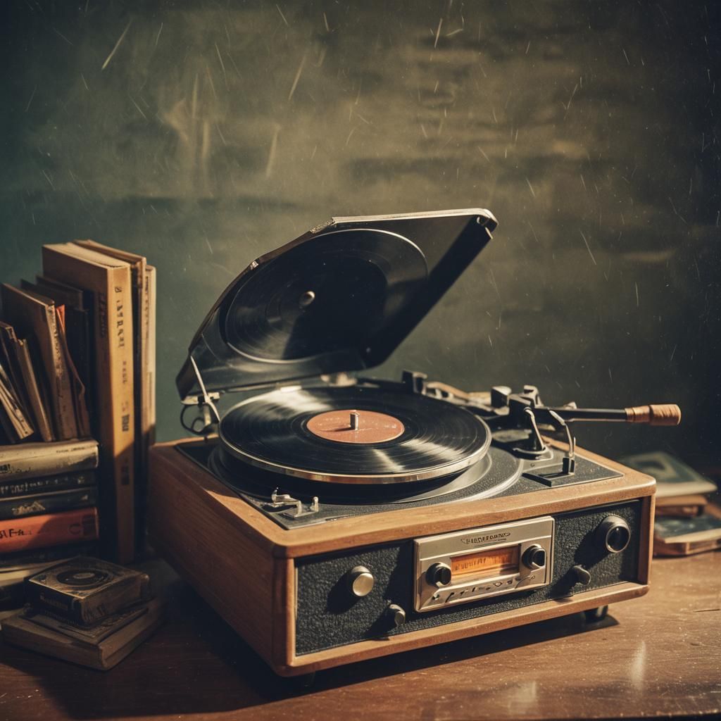 Matchstick Record Player on Dusty Shelf: Cinematic Still