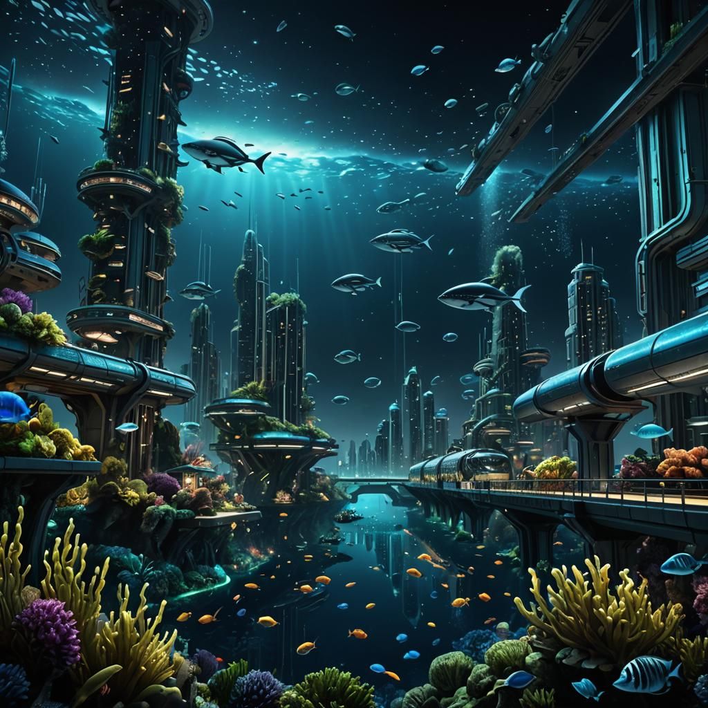 Bioluminescent Underwater City at Night