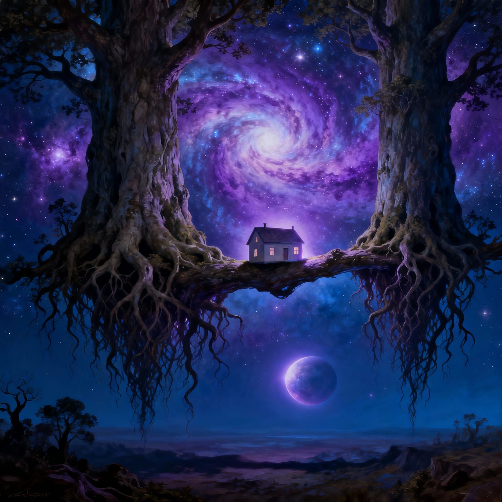 Surreal Upside Down Forest in Nebula Sky