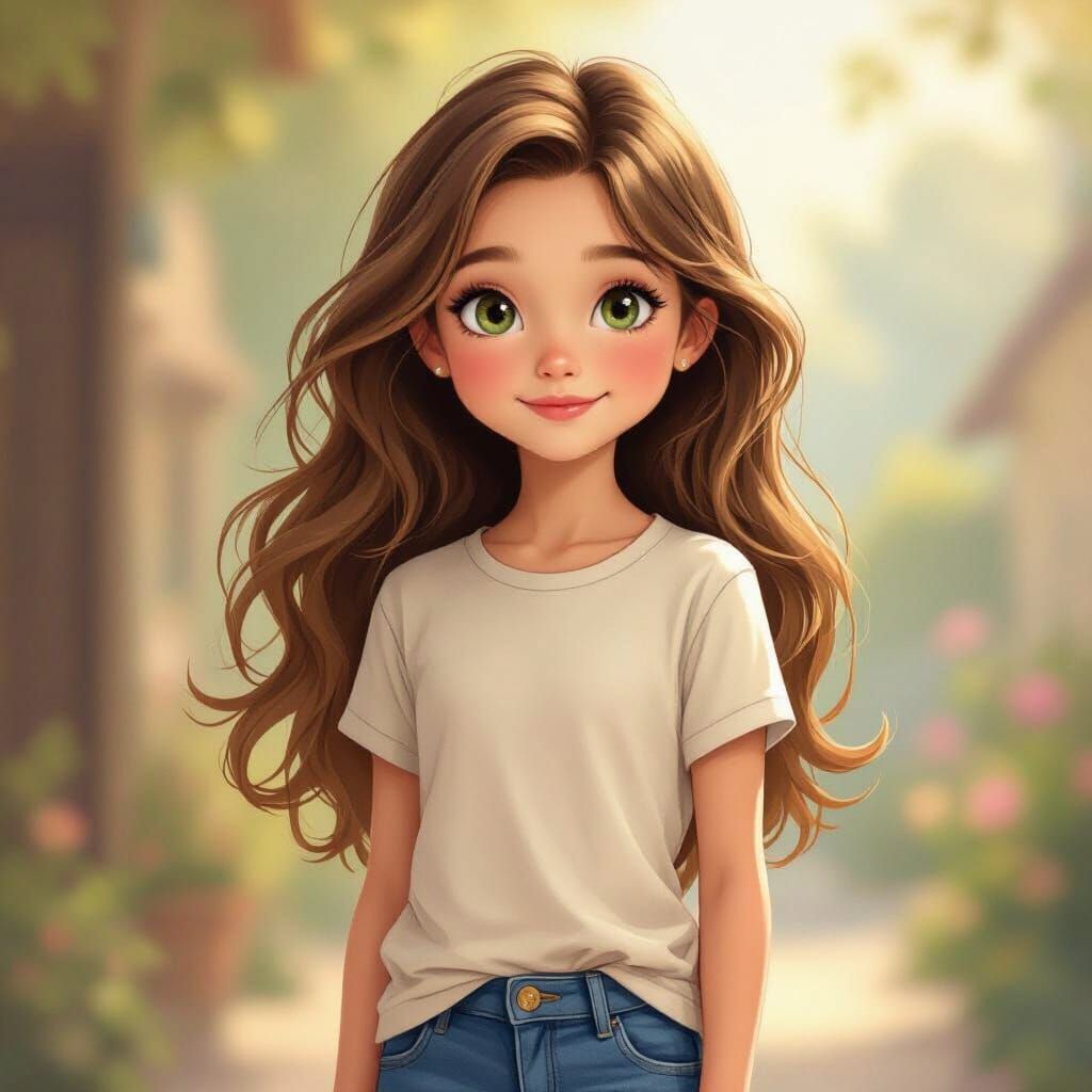 Young Girl with Golden Brown Hair in Storybook Style