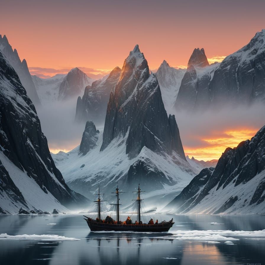 Viking Longship in Frozen Fjord: Dramatic Oil Painting