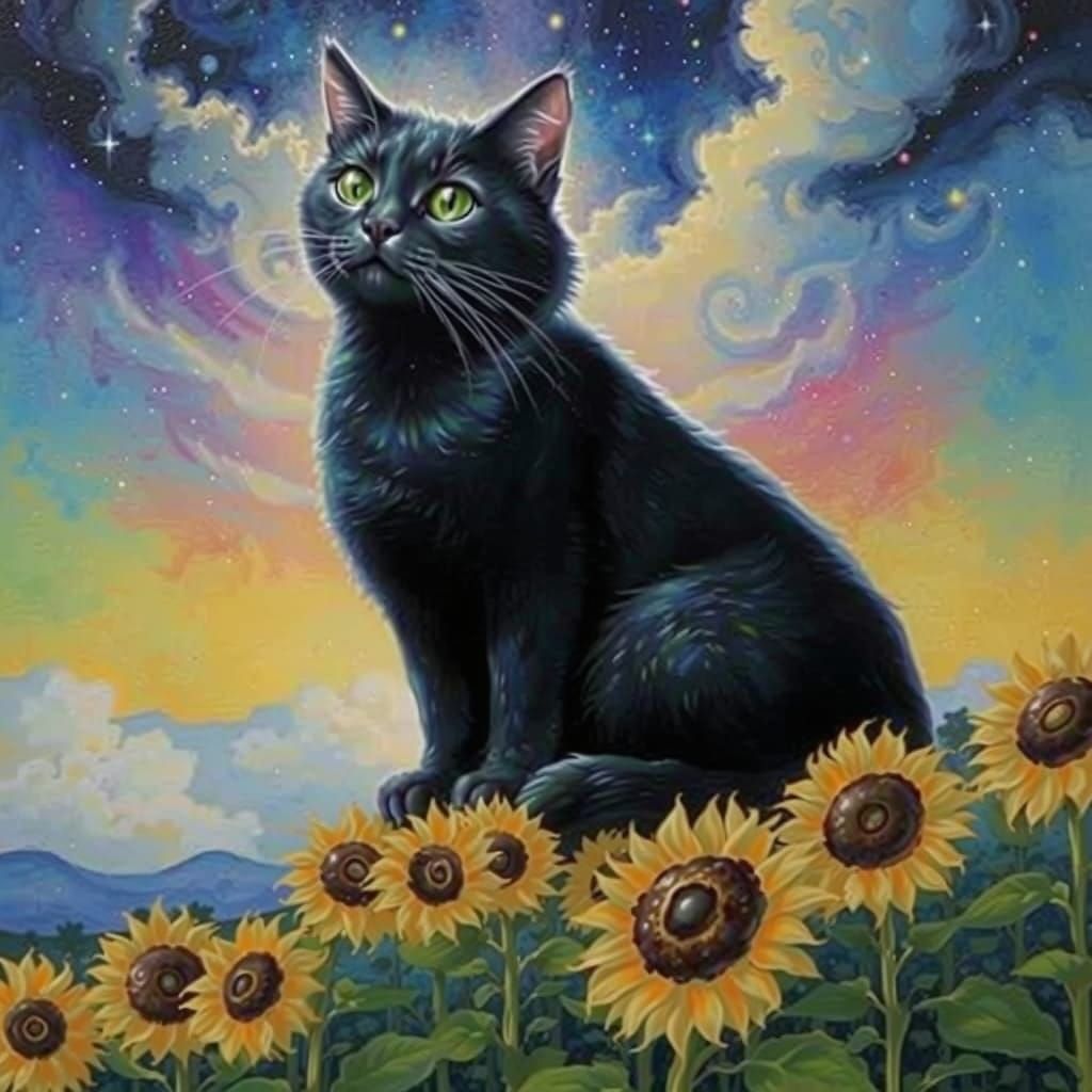 Iridescent Cat Surveys Epic Landscape in Gouache Masterpiece