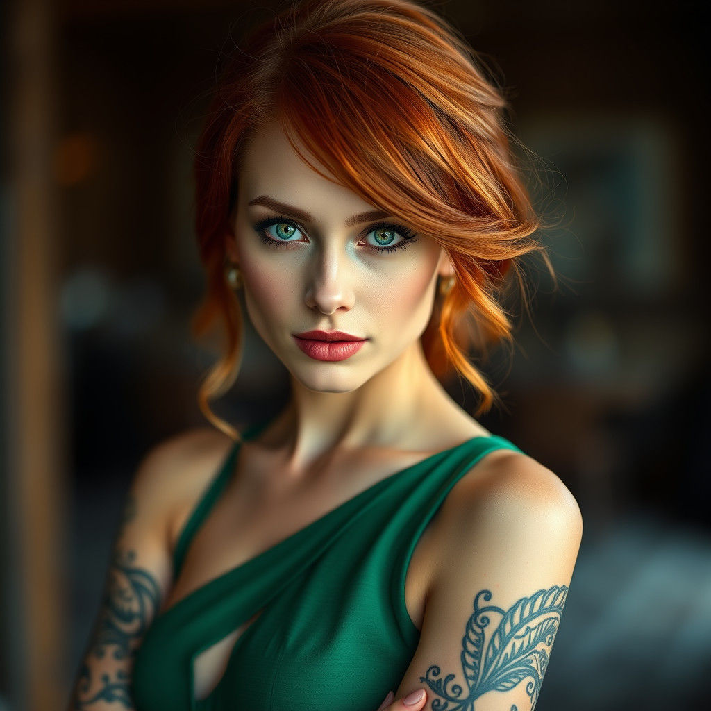 Redhead with Tattoos in Elegant Photography Style